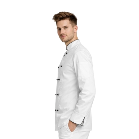 Bluza kucharska biała długi rękaw lamówka czarna roz.XXL – bluza kucharska – odzież gastronomiczna dla kucharzy - inne ujęcie